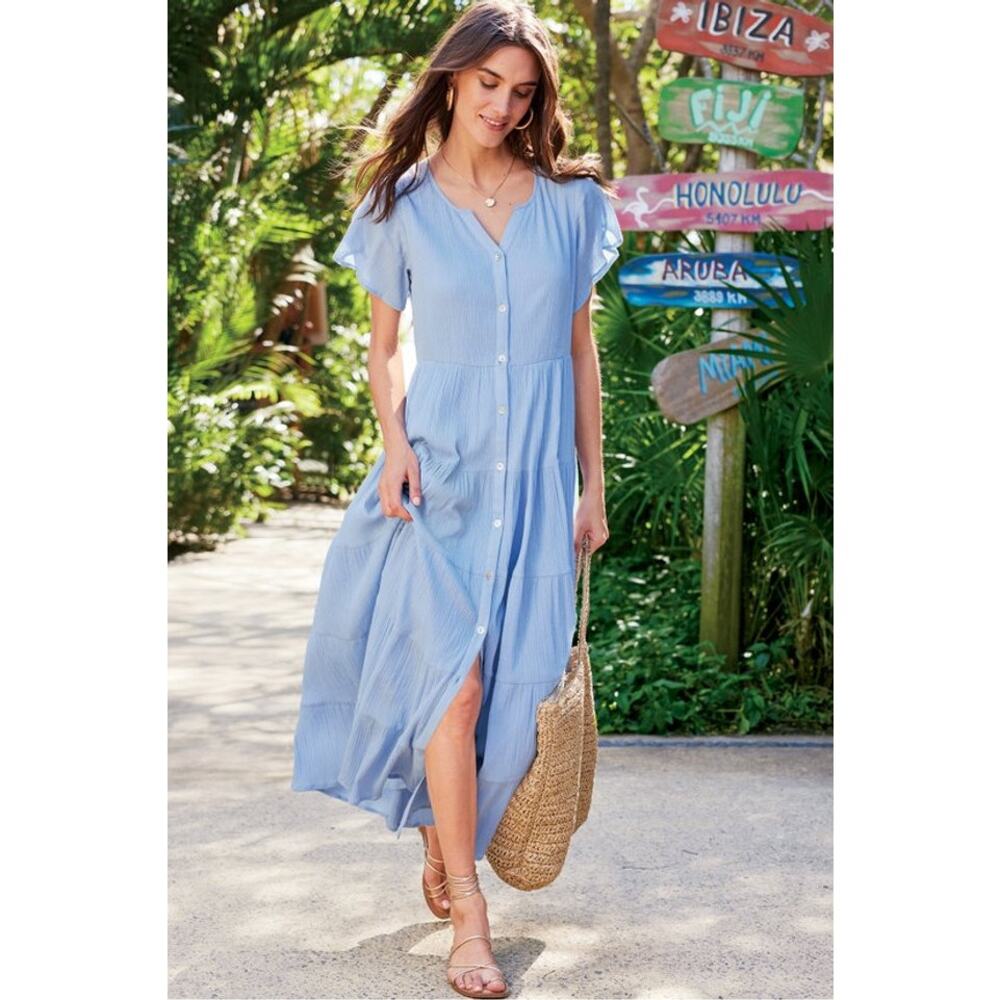 Soft Surrounding Womens Delfos Gauze Dress Button Front Maxi Tiered Blue Plus 3X
